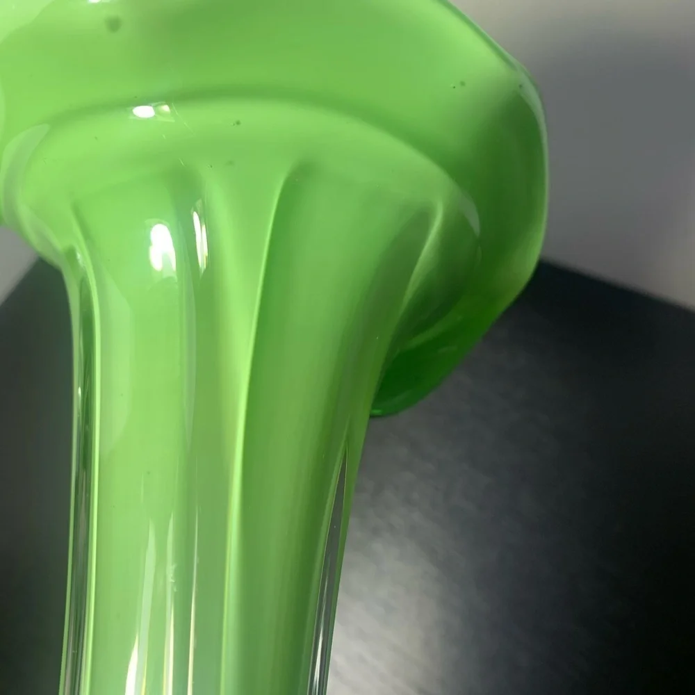 Hand Blown Murano Styled Art Glass Trumpet Tulip Vase Lime Green Blue